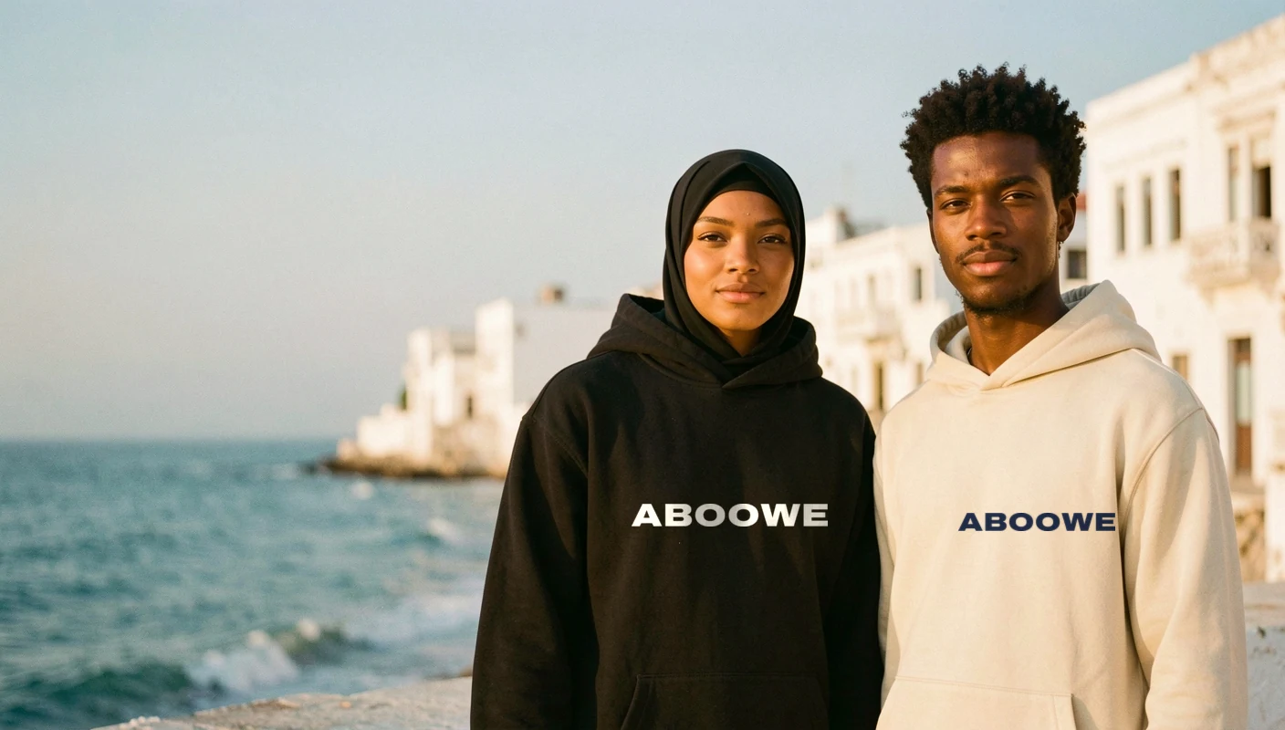 Two friends by the sea wearing ABOOWE hoodies