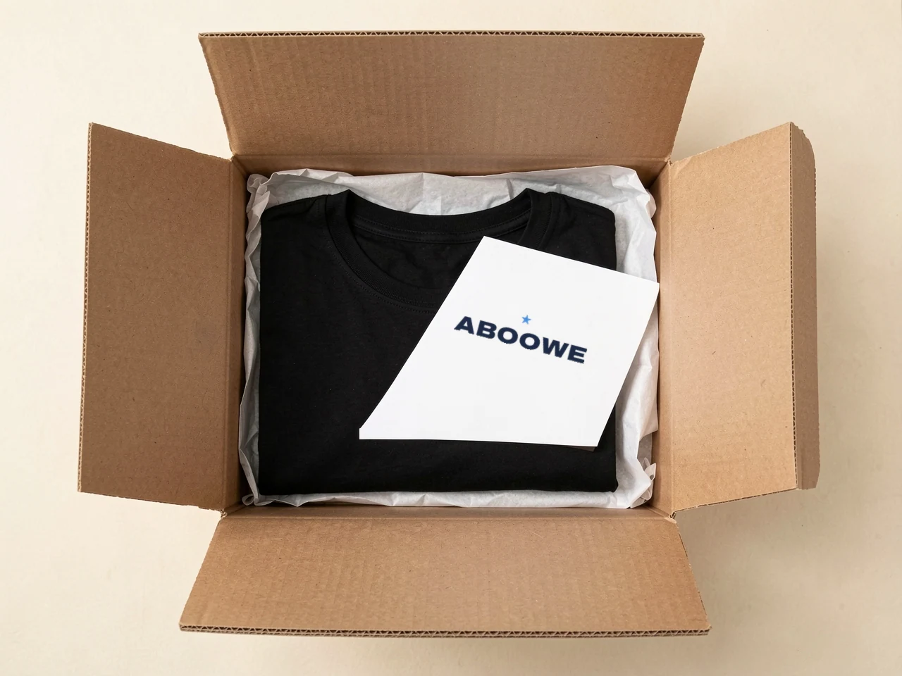 An ABOOWE order packed with a branded card
